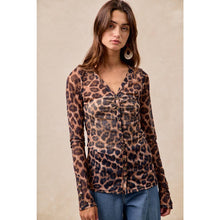 Leopard Button Up V Neck Mesh Top