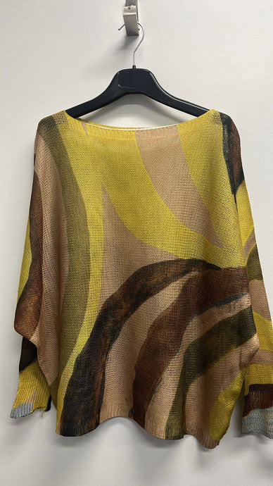 Mustard Wavy Round Neck Knit Printed Sweater