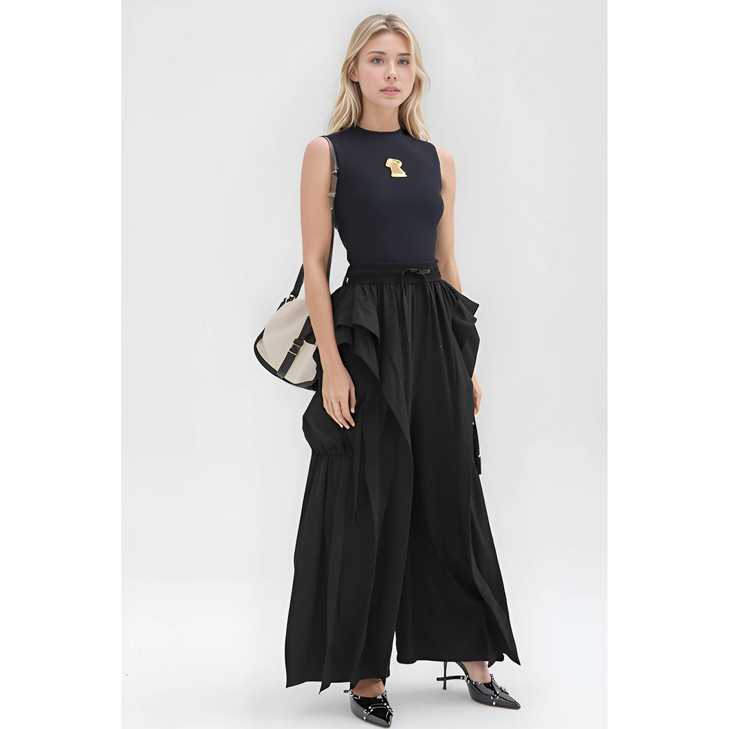 X9932CP Ruffle Cargo Wide-Leg Pants: BLACK / M