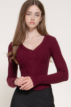 Dark Wine Long Sleeve V-Neck Cardigan with V-Shape Hem