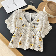 Beige Vintage Floral Hollow Embroidered Thin Knit Cardigan