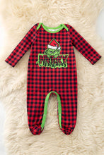 Plaid Christmas character printed boys baby bodysuit. RPG61442 MON: 3-6M
