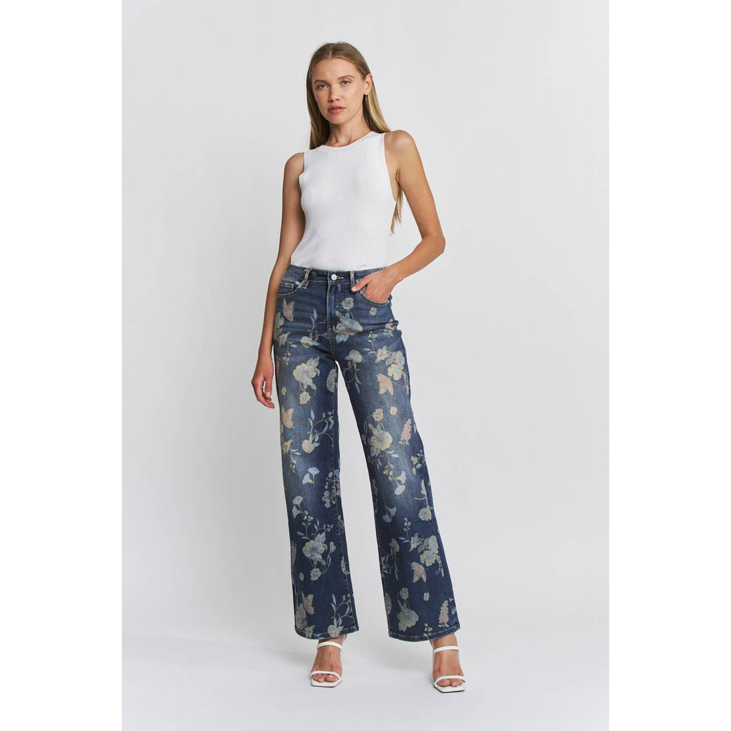 Floral Blue High Rise Wide Leg Embellishment Mica Jeans