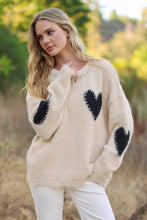 Oatmeal Long Sleeve Heart Patch Knit Sweater