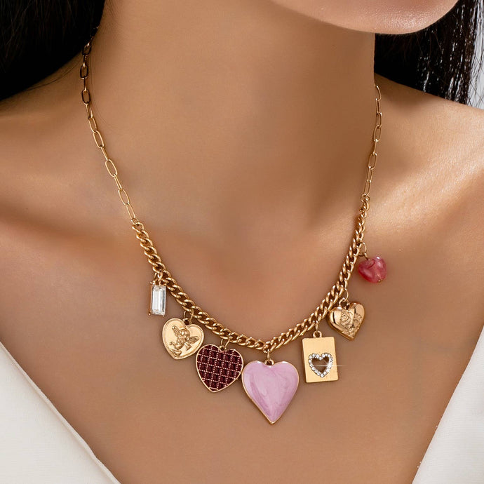Gold Hearts Check Rhinestone Charm Necklace