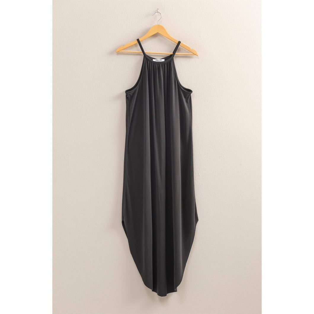 Black Halter Neck Asymmetrical Midi Dress