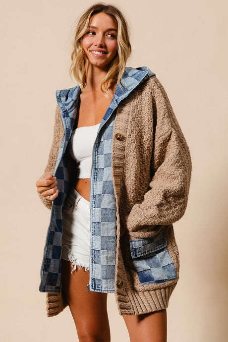 Latte Denim Washed Checker Zip Up Sweater Bibi Cardigan 8/25/25 1131