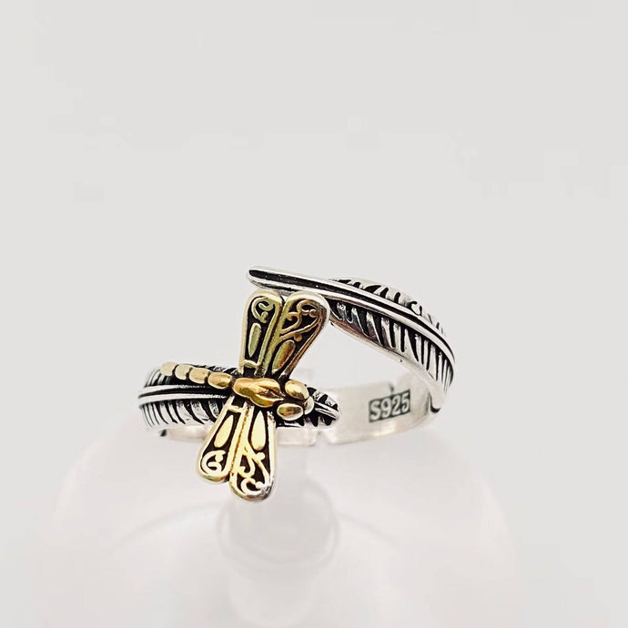 Silver Plated Feather Gold Dragonfly Adjustable Ring