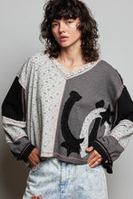 Black Star Patches Balloon Sleeve Deep V Neck Thermal Knit POL Top