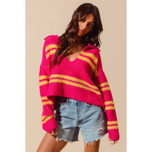 FUZZY HAIRY STRIPE DEEP U NECK SWEATER TOP: MUSTARD/DT BLUE / XL