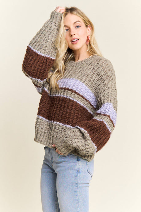 Olive Multi Striped Crew Neck Sweater