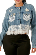 Blue Lace & Pearl Embellished Cropped Denim Jacket