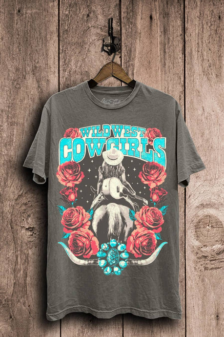 Stone Grey Mineral Wash Wild West Cowgirls Graphic Top