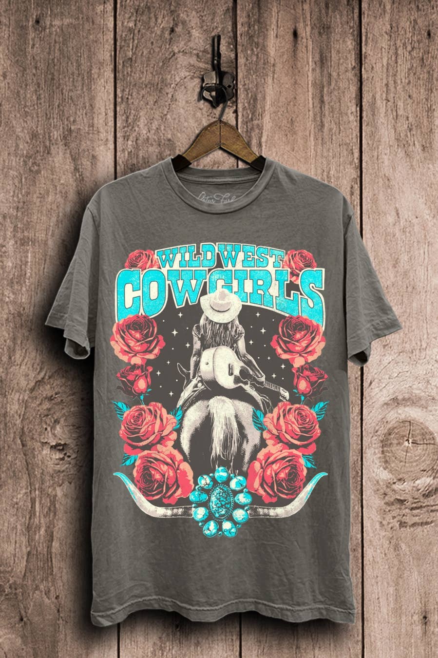 Stone Grey Mineral Wash Wild West Cowgirls Graphic Top