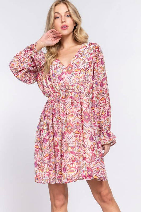 Cream Magenta Long Sleeve V-neck Floral Printed Woven Mini Dress