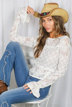 Off White Boat Neck Floral Lace Sheer Long Sleeve Top