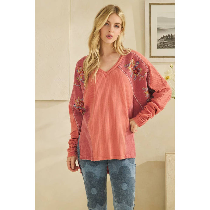 Rustic Red Washed Fabric Floral Embroidery Ruched Sleeve Oli+Hali Top