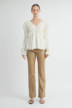 Ivory Sheer Textured V-Neck Blouse with Back Ribbon