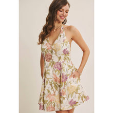 Natural Multi Gently Flared Hem Button Down Floral Halter Neck Mini Dress