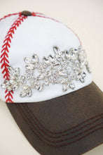 White Tan Baseball Themed Floral Vine Glitz Cap, Adjustable: