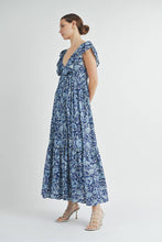 Blue Ruffle Tiered V-neck Maxi Dress