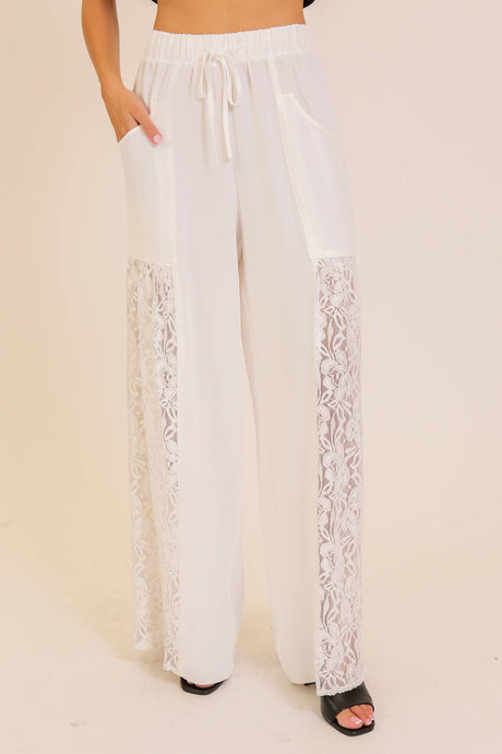 Cream Wide Leg Lace Panel Pants
