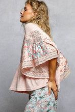 Blush Pink Rib Floral Pattern Round Neck Short Sleeve POL Top