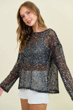 Black Open Knit Sequin Long Sleeve Slouchy Top