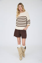 STRIPE TEXTURED KNIT HALF SLEEVE KNIT SWEATER (PRE-ORDER): NAVY
