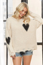 Oatmeal Long Sleeve Heart Patch Knit Sweater