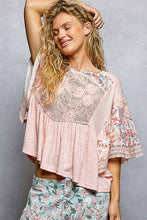 Blush Pink Rib Floral Pattern Round Neck Short Sleeve POL Top