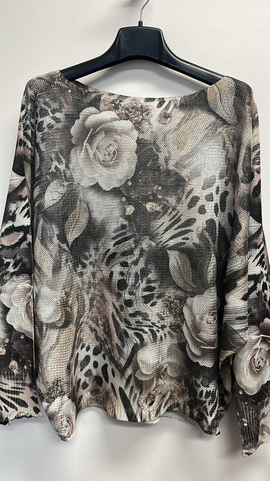 Black Rose Leopard Round Neck Knit Printed Sweater