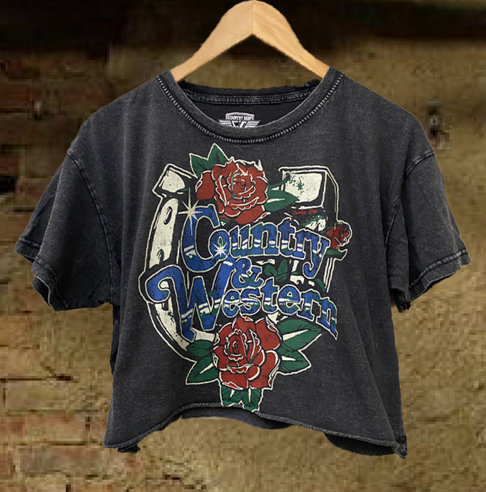 Black Country & Western Horseshoe Relaxed Cropped Acid Wash Tee