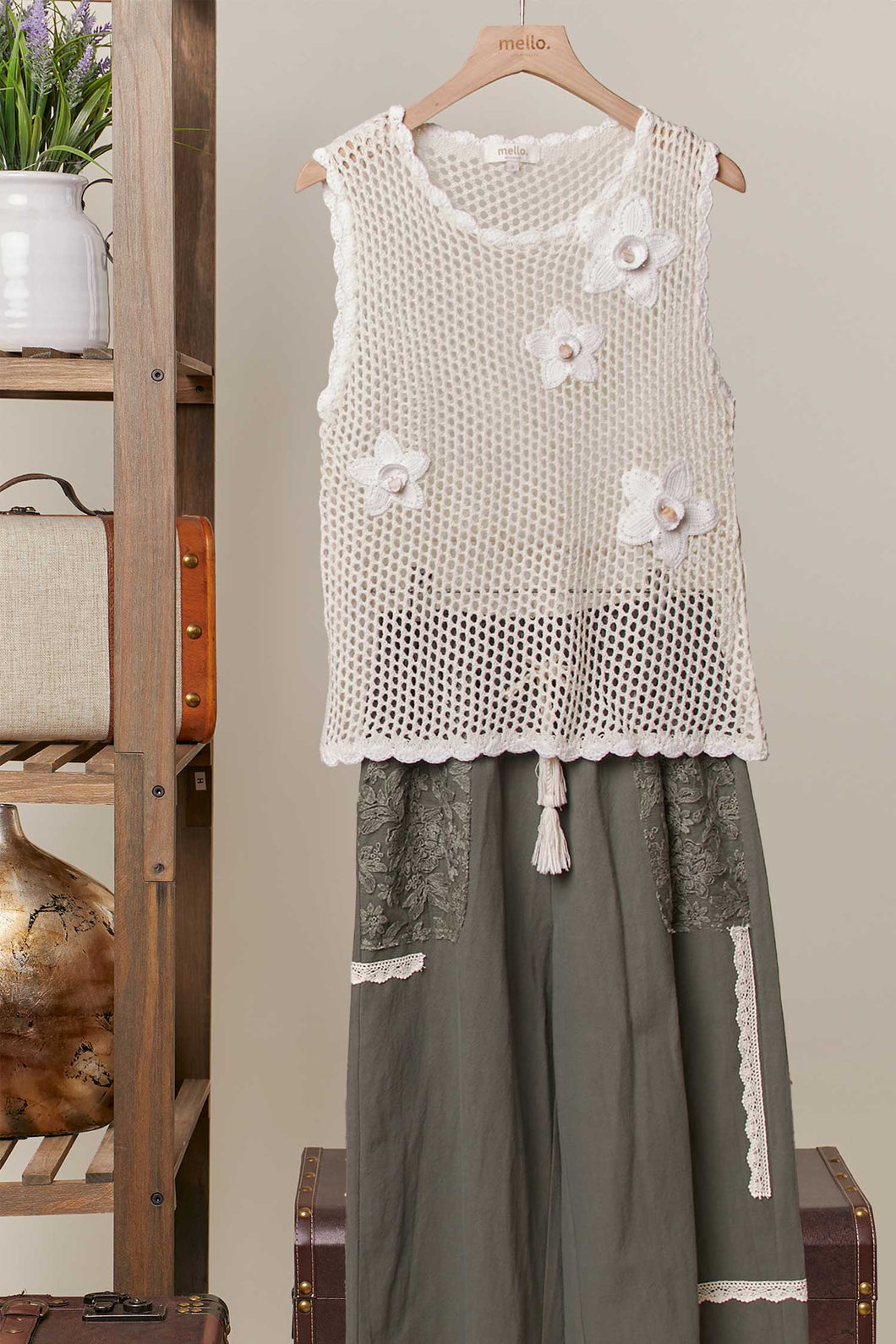 Ivory Flower Accent Crochet Mello Vest