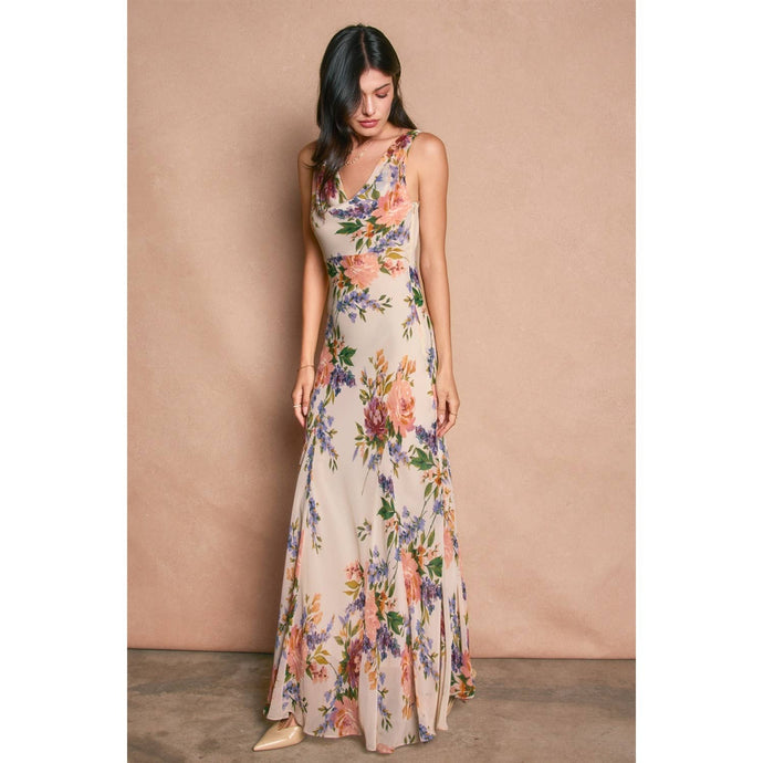 Soft Floral Delicate Affair Cowl Neck Godet Maxi Dress