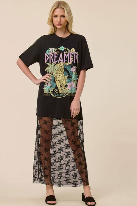Black Dreamer Leopard Paradise Graphic Floral Lace Tshirt Dress