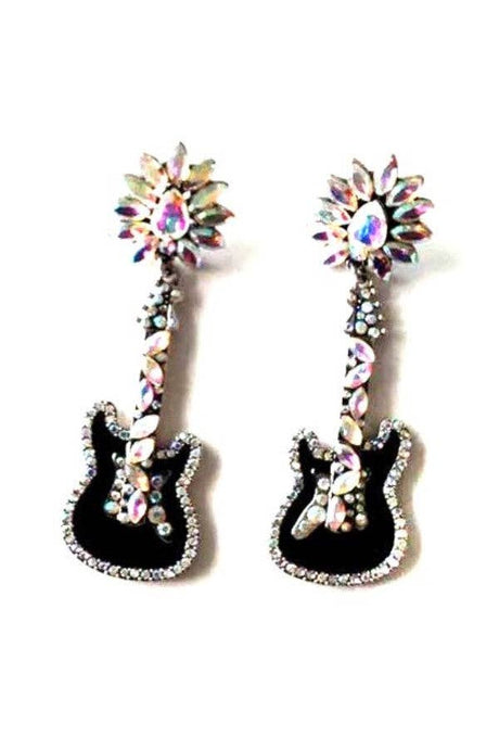 Black Western Crystal Guitar Dangle Earrings