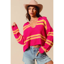 FUZZY HAIRY STRIPE DEEP U NECK SWEATER TOP: MUSTARD/DT BLUE / XL