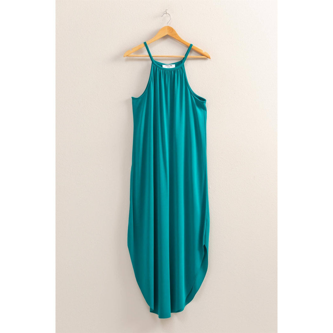 Teal Halter Neck Asymmetrical Midi Dress