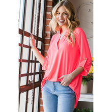 Neon Pink Roll Up Button Sleeve Collar Solid Top