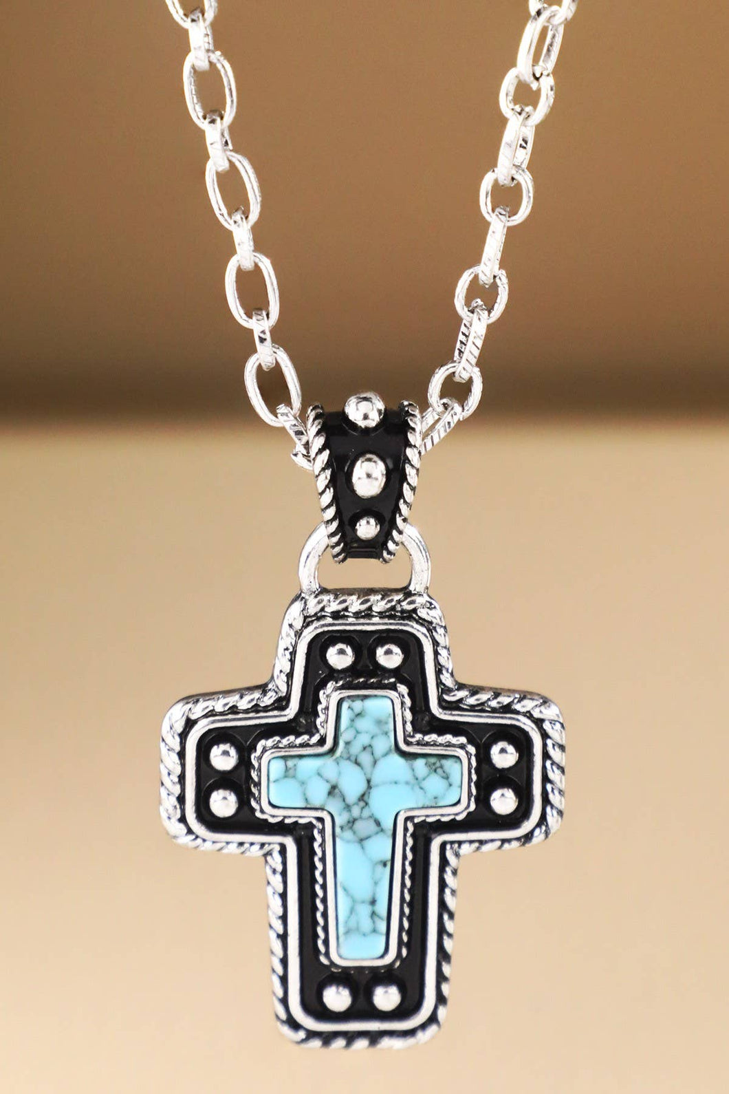 Western TXR Hand Stone Cross Necklace: SBTQ-TURQUOISE