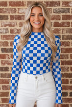 Dark Blue Checker Mesh Lettuce Trim Long Sleeve Top