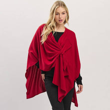 Black Asymmetrical Hem Solid Pull Through Draped Tie-Front Wrap Poncho