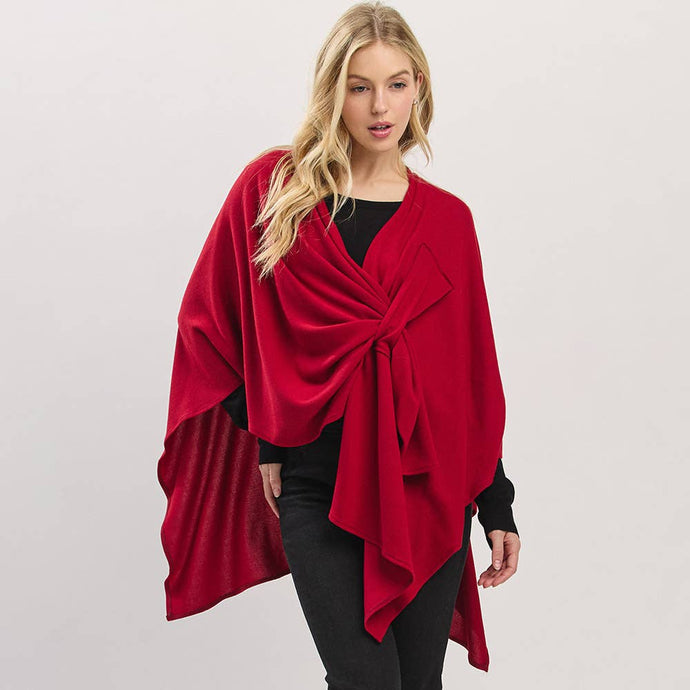 Red Asymmetrical Hem Solid Pull Through Draped Tie-Front Wrap Poncho