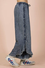 Indigo Ruffle Frayed Hem Washed Chambray Pants