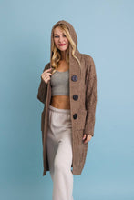 Mocha Cable Knit Hooded Cardigan with Large Buttons