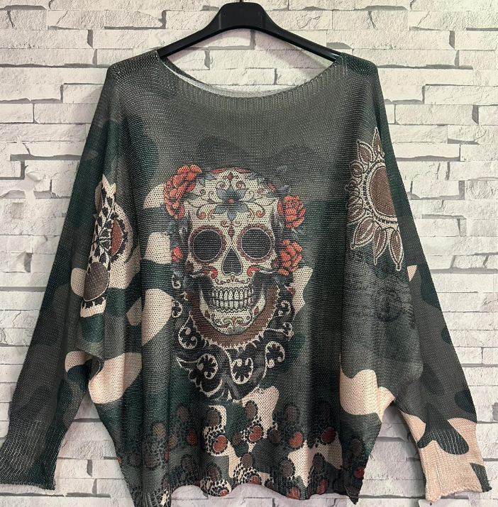One Size Olive Skull Printed Sweater
