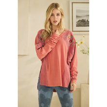 Rustic Red Washed Fabric Floral Embroidery Ruched Sleeve Oli+Hali Top