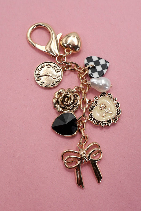Gold Bow Checker Heart Flower Bag Charm