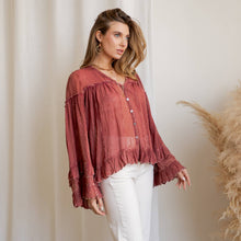 Garnet Dreamy Sheer V-Neck Ruffled Button-Front Young Threads Top